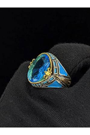 Firuze Mineli Mikro Taşlı Oval Aqua Marin Taşlı 925 Ayar Erkek Gümüş Yüzük