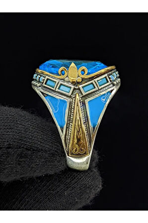 Firuze Mineli Mikro Taşlı Oval Aqua Marin Taşlı 925 Ayar Erkek Gümüş Yüzük