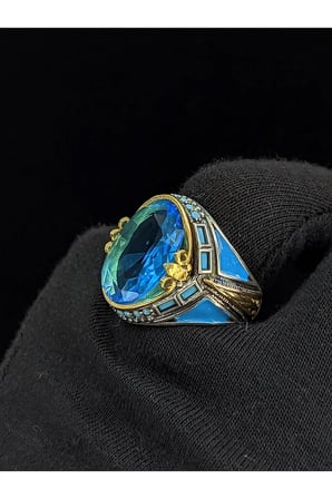 Firuze Mineli Mikro Taşlı Oval Aqua Marin Taşlı 925 Ayar Erkek Gümüş Yüzük