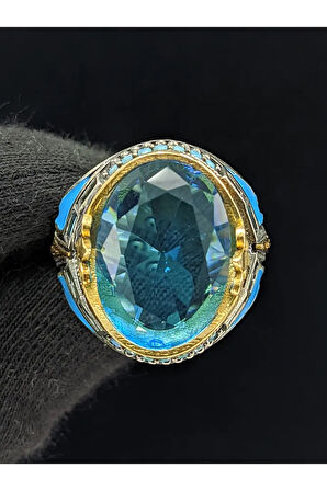 Firuze Mineli Mikro Taşlı Oval Aqua Marin Taşlı 925 Ayar Erkek Gümüş Yüzük