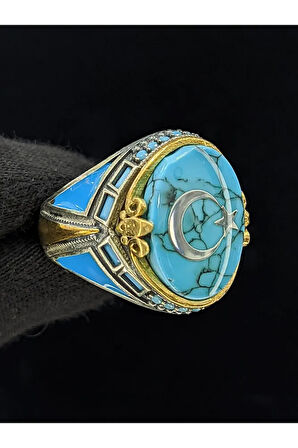 Firuze Mineli Mikro Taşlı Oval Türk Bayrak Taşlı 925 Ayar Erkek Gümüş Yüzük