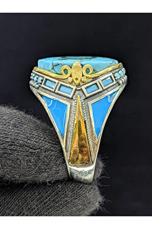 Firuze Mineli Mikro Taşlı Oval Türk Bayrak Taşlı 925 Ayar Erkek Gümüş Yüzük