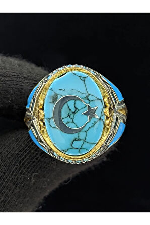 Firuze Mineli Mikro Taşlı Oval Türk Bayrak Taşlı 925 Ayar Erkek Gümüş Yüzük