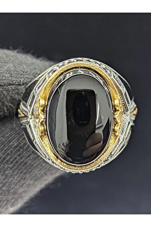 Siyah Mineli Mikro Taşlı Oval Oniks Taşlı 925 Ayar Erkek Gümüş Yüzük