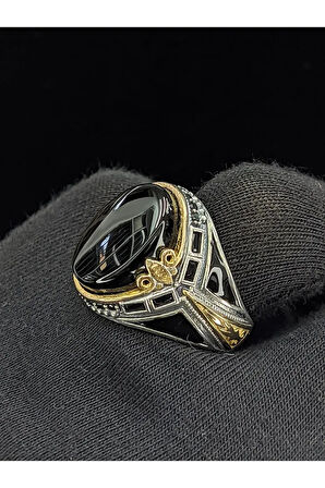 Siyah Mineli Mikro Taşlı Oval Oniks Taşlı 925 Ayar Erkek Gümüş Yüzük