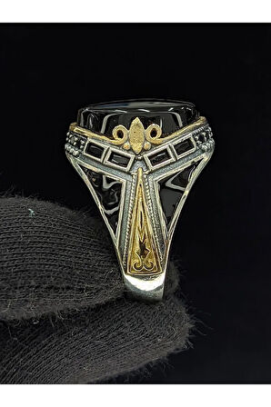 Siyah Mineli Mikro Taşlı Oval Oniks Taşlı 925 Ayar Erkek Gümüş Yüzük