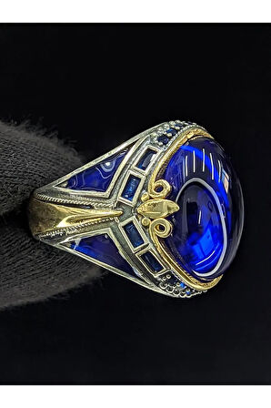 Mavi Mineli Mikro Taşlı Oval Parlak Safir Cam Taşlı 925 Ayar Erkek Gümüş Yüzük