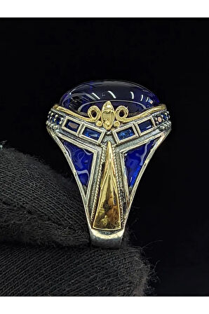 Mavi Mineli Mikro Taşlı Oval Parlak Safir Cam Taşlı 925 Ayar Erkek Gümüş Yüzük