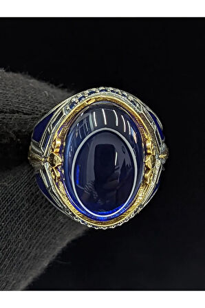 Mavi Mineli Mikro Taşlı Oval Parlak Safir Cam Taşlı 925 Ayar Erkek Gümüş Yüzük
