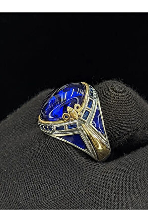 Mavi Mineli Mikro Taşlı Oval Parlak Safir Cam Taşlı 925 Ayar Erkek Gümüş Yüzük