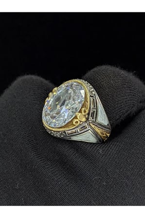 Beyaz Mineli Mikro Taşlı Zirkon Oval Taşlı 925 Ayar Erkek Gümüş Yüzük