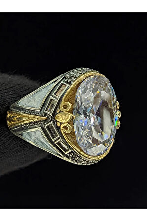 Beyaz Mineli Mikro Taşlı Zirkon Oval Taşlı 925 Ayar Erkek Gümüş Yüzük