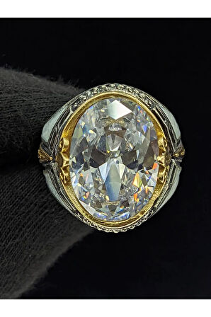 Beyaz Mineli Mikro Taşlı Zirkon Oval Taşlı 925 Ayar Erkek Gümüş Yüzük