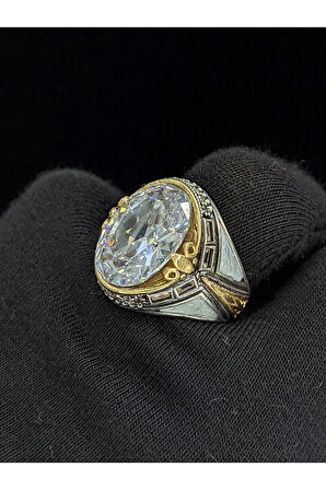 Beyaz Mineli Mikro Taşlı Zirkon Oval Taşlı 925 Ayar Erkek Gümüş Yüzük