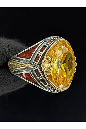 Kırmızı Mineli Mikro Taşlı  Sitrin Taşlı 925 Ayar Erkek Gümüş Yüzük