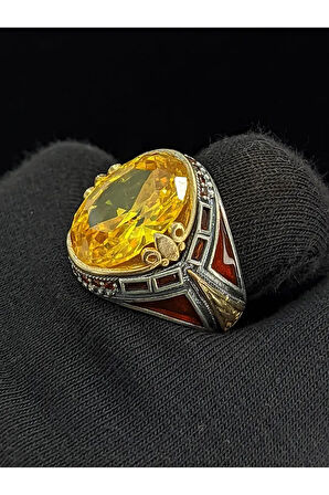 Kırmızı Mineli Mikro Taşlı  Sitrin Taşlı 925 Ayar Erkek Gümüş Yüzük