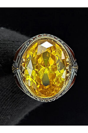 Kırmızı Mineli Mikro Taşlı  Sitrin Taşlı 925 Ayar Erkek Gümüş Yüzük