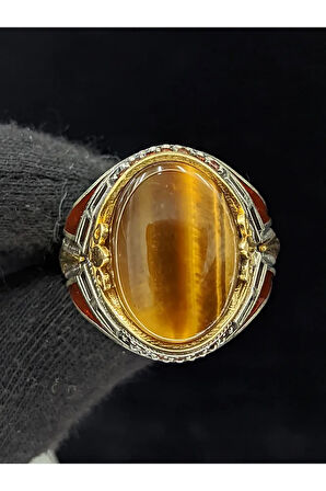 Kırmızı Mineli Mikro Taşlı  Oval Kaplan Gözü Taşlı 925 Ayar Erkek Gümüş Yüzük