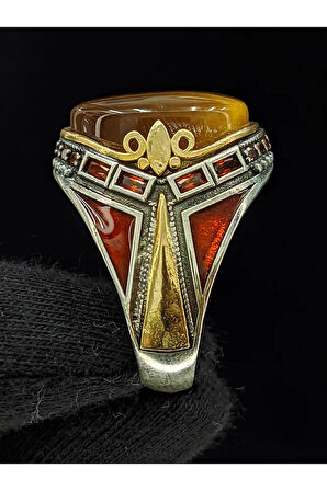 Kırmızı Mineli Mikro Taşlı  Oval Kaplan Gözü Taşlı 925 Ayar Erkek Gümüş Yüzük