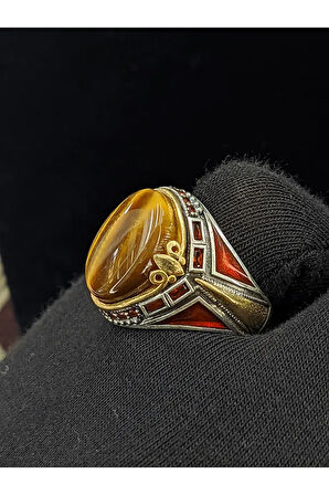 Kırmızı Mineli Mikro Taşlı  Oval Kaplan Gözü Taşlı 925 Ayar Erkek Gümüş Yüzük