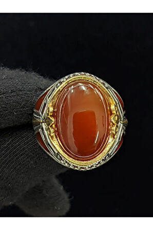 Kırmızı Mineli Mikro Taşlı  Oval Akik Taşlı 925 Ayar Erkek Gümüş Yüzük