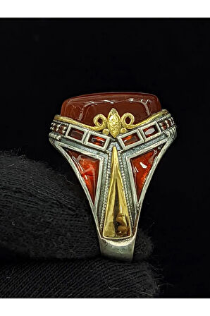 Kırmızı Mineli Mikro Taşlı  Oval Akik Taşlı 925 Ayar Erkek Gümüş Yüzük