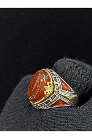 Kırmızı Mineli Mikro Taşlı  Oval Akik Taşlı 925 Ayar Erkek Gümüş Yüzük