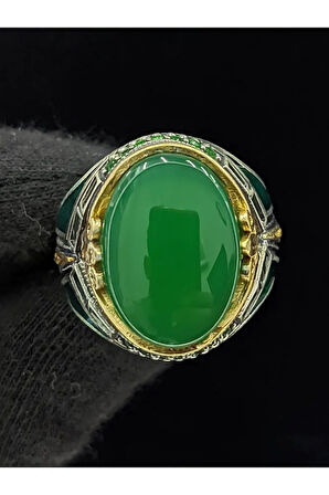 Yeşil Mineli Mikro Taşlı Oval Akik Taşlı 925 Ayar Erkek Gümüş Yüzük