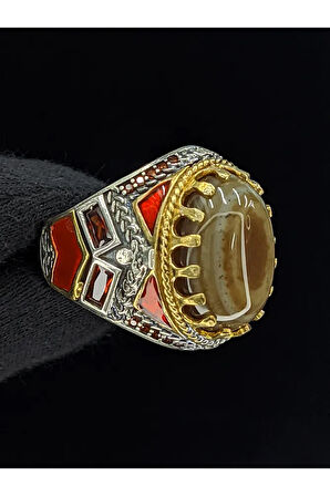 Kırmızı Mineli Mikro Taşlı Süleyman Gözü Taşlı  925 Ayar Erkek Gümüş Yüzük