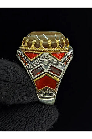 Kırmızı Mineli Mikro Taşlı Süleyman Gözü Taşlı  925 Ayar Erkek Gümüş Yüzük