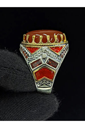 Kırmızı Mineli Mikro Taşlı  Oval Akik Taşlı 925 Ayar Erkek Gümüş Yüzük