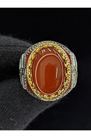 Kırmızı Mineli Mikro Taşlı  Oval Akik Taşlı 925 Ayar Erkek Gümüş Yüzük