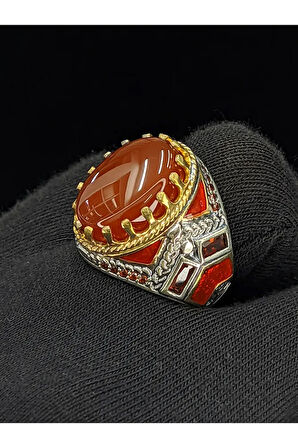 Kırmızı Mineli Mikro Taşlı  Oval Akik Taşlı 925 Ayar Erkek Gümüş Yüzük