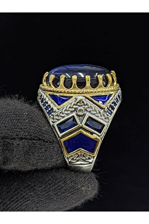 Mavi Mineli Mikro Taşlı Oval Kaplan Gözü Taşlı 925 Ayar Erkek Gümüş Yüzük