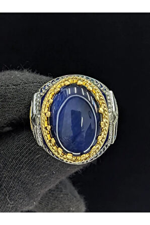 Mavi Mineli Mikro Taşlı Oval Kaplan Gözü Taşlı 925 Ayar Erkek Gümüş Yüzük