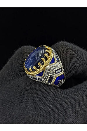 Mavi Mineli Mikro Taşlı Oval Kaplan Gözü Taşlı 925 Ayar Erkek Gümüş Yüzük