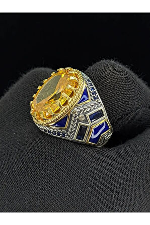 Mavi Mineli Mikro Taşlı Sitrin Taşlı 925 Ayar Erkek Gümüş Yüzük