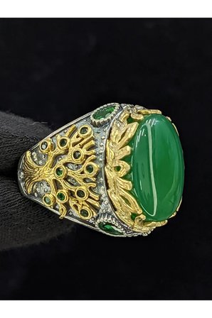 Yaşam Ağacı Modelli  Oval Akik Taşlı 925 Ayar Erkek Gümüş Yüzük