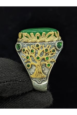 Yaşam Ağacı Modelli  Oval Akik Taşlı 925 Ayar Erkek Gümüş Yüzük