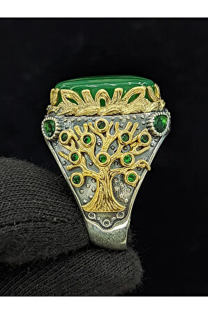 Yaşam Ağacı Modelli  Oval Akik Taşlı 925 Ayar Erkek Gümüş Yüzük