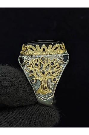 Yaşam Ağacı Modelli  Oval Oniks Taşlı 925 Ayar Erkek Gümüş Yüzük