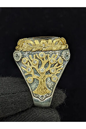 Yaşam Ağacı Modelli  Zirkon Oval Taşlı 925 Ayar Erkek Gümüş Yüzük
