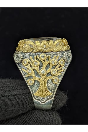 Yaşam Ağacı Modelli  Zirkon Oval Taşlı 925 Ayar Erkek Gümüş Yüzük