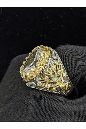 Yaşam Ağacı Modelli  Zirkon Oval Taşlı 925 Ayar Erkek Gümüş Yüzük