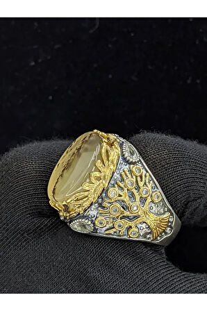 Yaşam Ağacı Modelli  Oval Yemen Akik Taşlı 925 Ayar Erkek Gümüş Yüzük