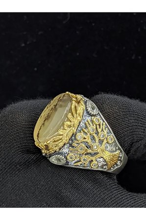 Yaşam Ağacı Modelli  Oval Yemen Akik Taşlı 925 Ayar Erkek Gümüş Yüzük
