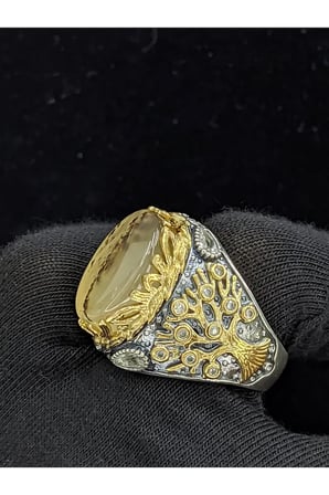 Yaşam Ağacı Modelli  Oval Yemen Akik Taşlı 925 Ayar Erkek Gümüş Yüzük