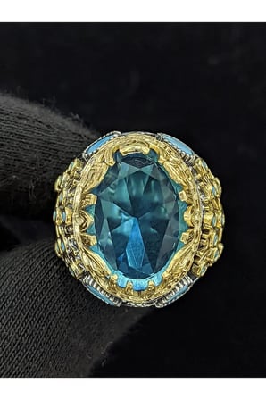 Yaşam Ağacı Modelli  Oval Aqua Marin Taşlı 925 Ayar Erkek Gümüş Yüzük