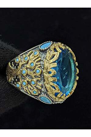 Yaşam Ağacı Modelli  Oval Aqua Marin Taşlı 925 Ayar Erkek Gümüş Yüzük