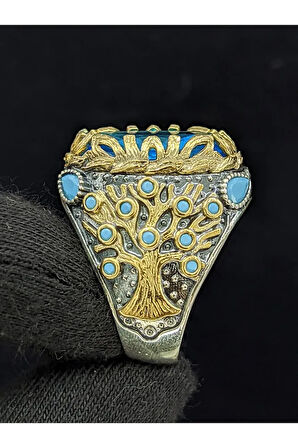 Yaşam Ağacı Modelli  Oval Aqua Marin Taşlı 925 Ayar Erkek Gümüş Yüzük